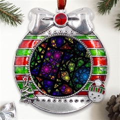 Stained Glass Crystal Art Metal X mas Ribbon With Red Crystal Round Ornament