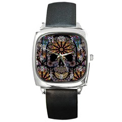 Skull Death Mosaic Artwork Stained Glass Square Metal Watch by Cowasu