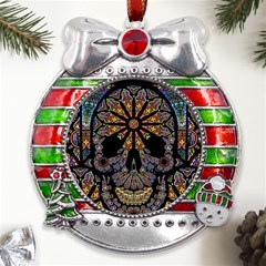 Skull Death Mosaic Artwork Stained Glass Metal X mas Ribbon With Red Crystal Round Ornament by Cowasu