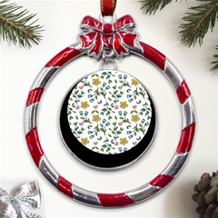 Flower Floral Pattern Metal Red Ribbon Round Ornament by Bangk1t