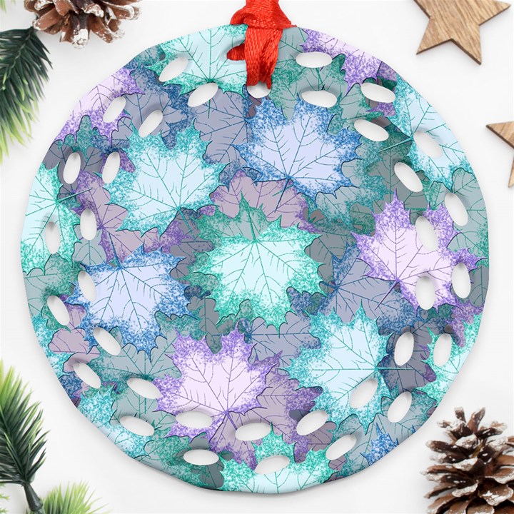 Leaves Glitter Background Winter Round Filigree Ornament (Two Sides)