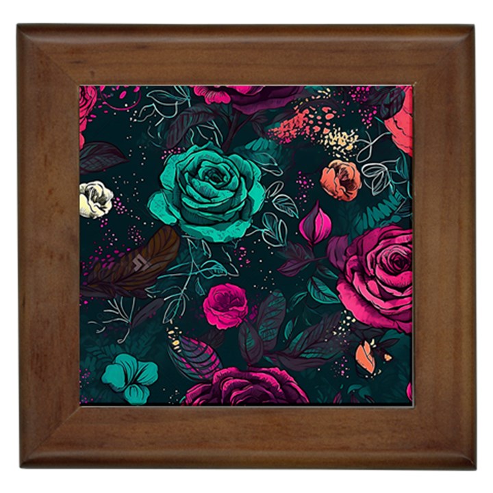 Roses Pink Teal Framed Tile