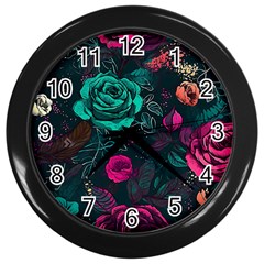 Roses Pink Teal Wall Clock (black) by Bangk1t