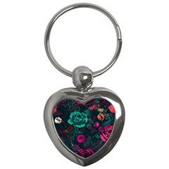 Roses Pink Teal Key Chain (heart)