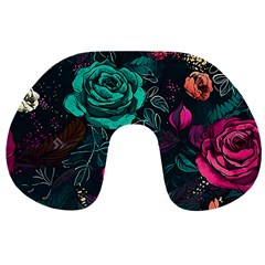 Roses Pink Teal Travel Neck Pillow by Bangk1t