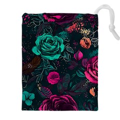 Roses Pink Teal Drawstring Pouch (4xl) by Bangk1t