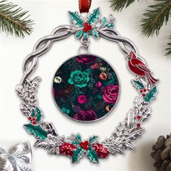 Roses Pink Teal Metal X mas Wreath Holly Leaf Ornament