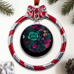 Roses Pink Teal Metal Red Ribbon Round Ornament by Bangk1t