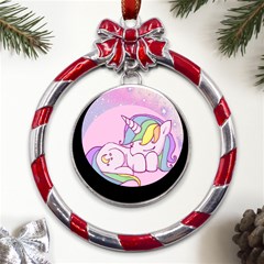 Unicorn Stitch Metal Red Ribbon Round Ornament