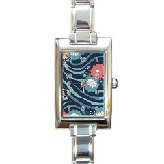 Waves Flowers Pattern Water Floral Minimalist Rectangle Italian Charm Watch by Ndabl3x