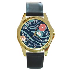 Waves Flowers Pattern Water Floral Minimalist Round Gold Metal Watch by Ndabl3x