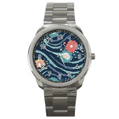 Waves Flowers Pattern Water Floral Minimalist Sport Metal Watch by Ndabl3x