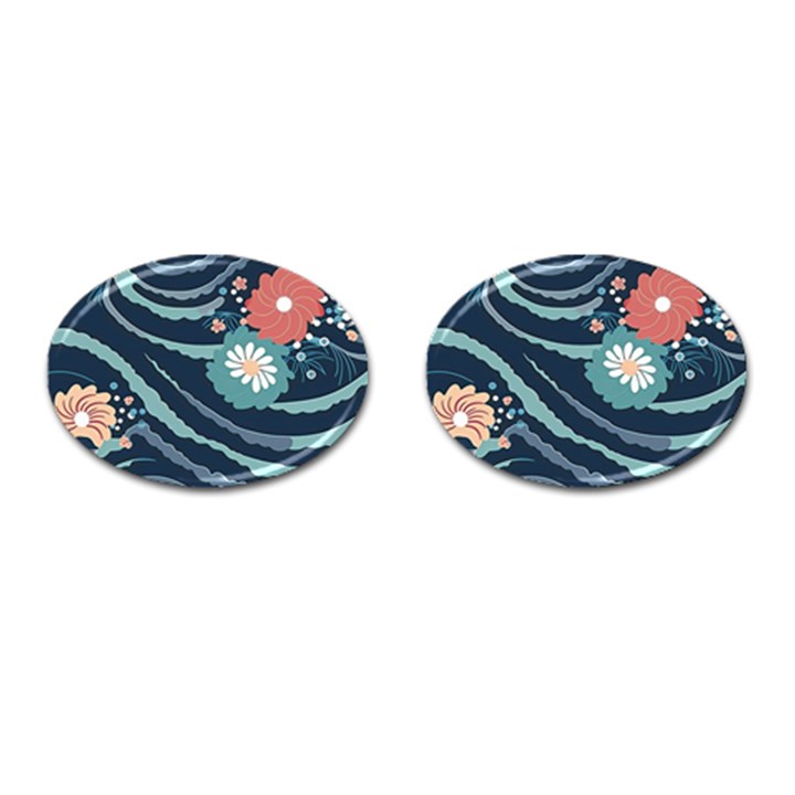 Waves Flowers Pattern Water Floral Minimalist Cufflinks (Oval)