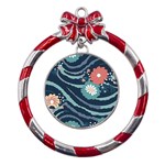 Waves Flowers Pattern Water Floral Minimalist Metal Red Ribbon Round Ornament Front