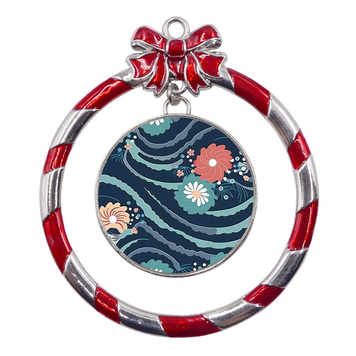 Waves Flowers Pattern Water Floral Minimalist Metal Red Ribbon Round Ornament