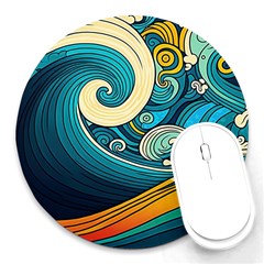 Waves Wave Ocean Sea Abstract Whimsical Abstract Art Round Mousepad by Ndabl3x