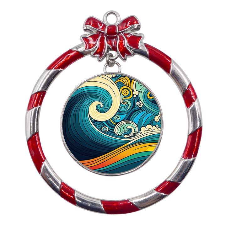 Waves Wave Ocean Sea Abstract Whimsical Abstract Art Metal Red Ribbon Round Ornament