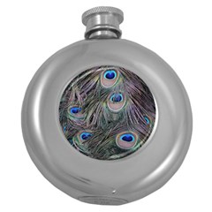 Peacock Feathers Peacock Bird Feathers Round Hip Flask (5 Oz) by Ndabl3x