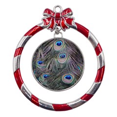 Peacock Feathers Peacock Bird Feathers Metal Red Ribbon Round Ornament by Ndabl3x