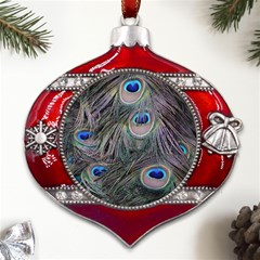 Peacock Feathers Peacock Bird Feathers Metal Snowflake And Bell Red Ornament by Ndabl3x