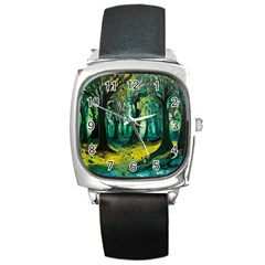 Ai Generated Trees Forest Mystical Forest Nature Art Square Metal Watch by Ndabl3x