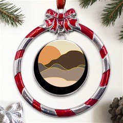 Boho Bohemian Hills Nature Drawing Metal Red Ribbon Round Ornament