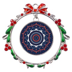 Mandala Orange Navy Metal X mas Wreath Ribbon Ornament by Ndabl3x