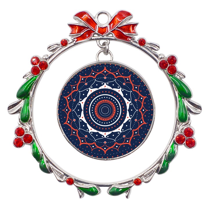 Mandala Orange Navy Metal X mas Wreath Ribbon Ornament