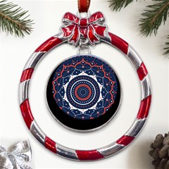 Mandala Orange Navy Metal Red Ribbon Round Ornament by Ndabl3x