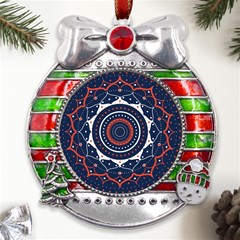 Mandala Orange Navy Metal X mas Ribbon With Red Crystal Round Ornament by Ndabl3x