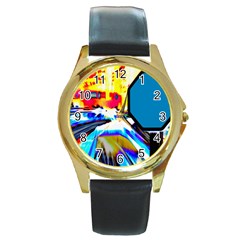 Stop Retro Abstract Stop Sign Blur Round Gold Metal Watch