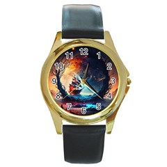 Tree Planet Moon Round Gold Metal Watch by Ndabl3x