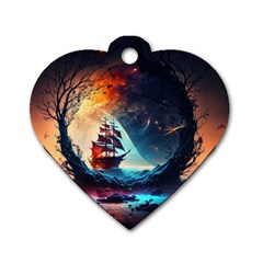 Tree Planet Moon Dog Tag Heart (two Sides) by Ndabl3x