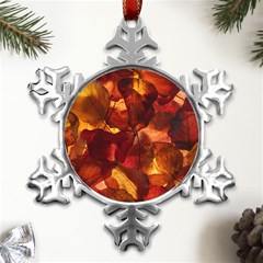 Leaves Fall Autumn Season Orange Metal Small Snowflake Ornament by Ndabl3x