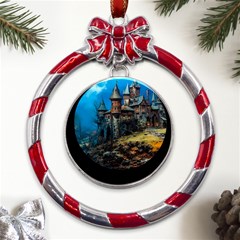 Castle Fantasy Metal Red Ribbon Round Ornament