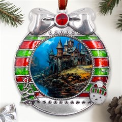 Castle Fantasy Metal X mas Ribbon With Red Crystal Round Ornament by Ndabl3x