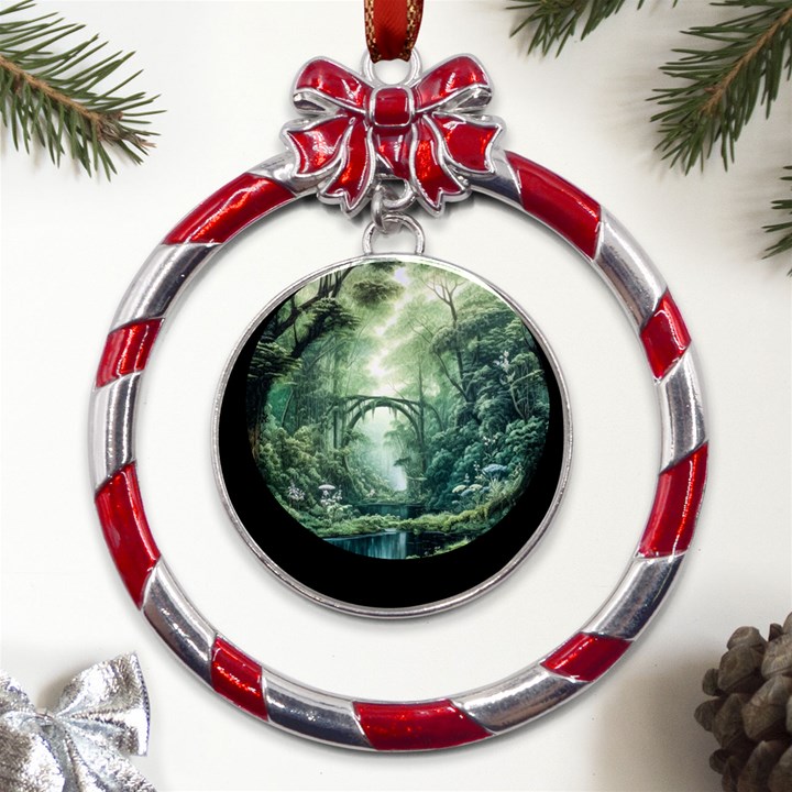 River Forest Wood Nature Metal Red Ribbon Round Ornament