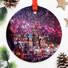 Moscow Kremlin Saint Basils Cathedral Architecture  Building Cityscape Night Fireworks Ornament (round) by Cowasu