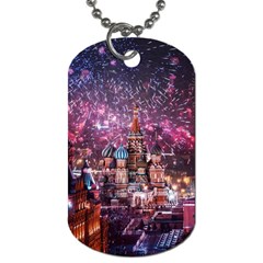 Moscow Kremlin Saint Basils Cathedral Architecture  Building Cityscape Night Fireworks Dog Tag (two Sides) by Cowasu