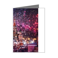 Moscow Kremlin Saint Basils Cathedral Architecture  Building Cityscape Night Fireworks Mini Greeting Card by Cowasu