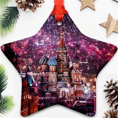 Moscow Kremlin Saint Basils Cathedral Architecture  Building Cityscape Night Fireworks Star Ornament (two Sides) by Cowasu