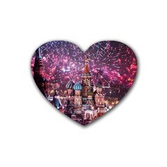 Moscow Kremlin Saint Basils Cathedral Architecture  Building Cityscape Night Fireworks Rubber Coaster (heart) by Cowasu