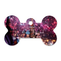 Moscow Kremlin Saint Basils Cathedral Architecture  Building Cityscape Night Fireworks Dog Tag Bone (two Sides) by Cowasu