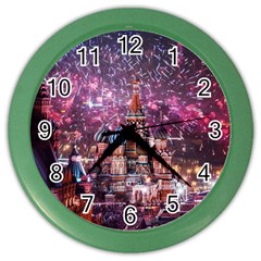 Moscow Kremlin Saint Basils Cathedral Architecture  Building Cityscape Night Fireworks Color Wall Clock by Cowasu