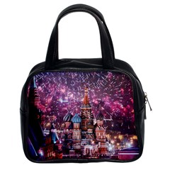 Moscow Kremlin Saint Basils Cathedral Architecture  Building Cityscape Night Fireworks Classic Handbag (two Sides) by Cowasu