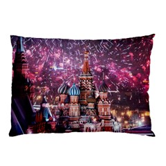 Moscow Kremlin Saint Basils Cathedral Architecture  Building Cityscape Night Fireworks Pillow Case by Cowasu