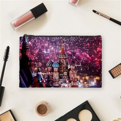 Moscow Kremlin Saint Basils Cathedral Architecture  Building Cityscape Night Fireworks Cosmetic Bag (medium) by Cowasu