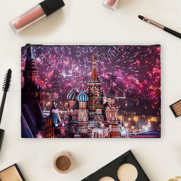 Moscow Kremlin Saint Basils Cathedral Architecture  Building Cityscape Night Fireworks Cosmetic Bag (Large)