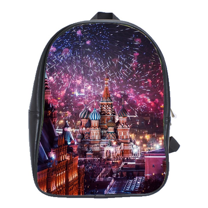 Moscow Kremlin Saint Basils Cathedral Architecture  Building Cityscape Night Fireworks School Bag (Large)