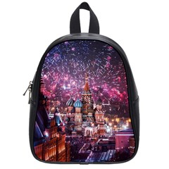 Moscow Kremlin Saint Basils Cathedral Architecture  Building Cityscape Night Fireworks School Bag (small) by Cowasu